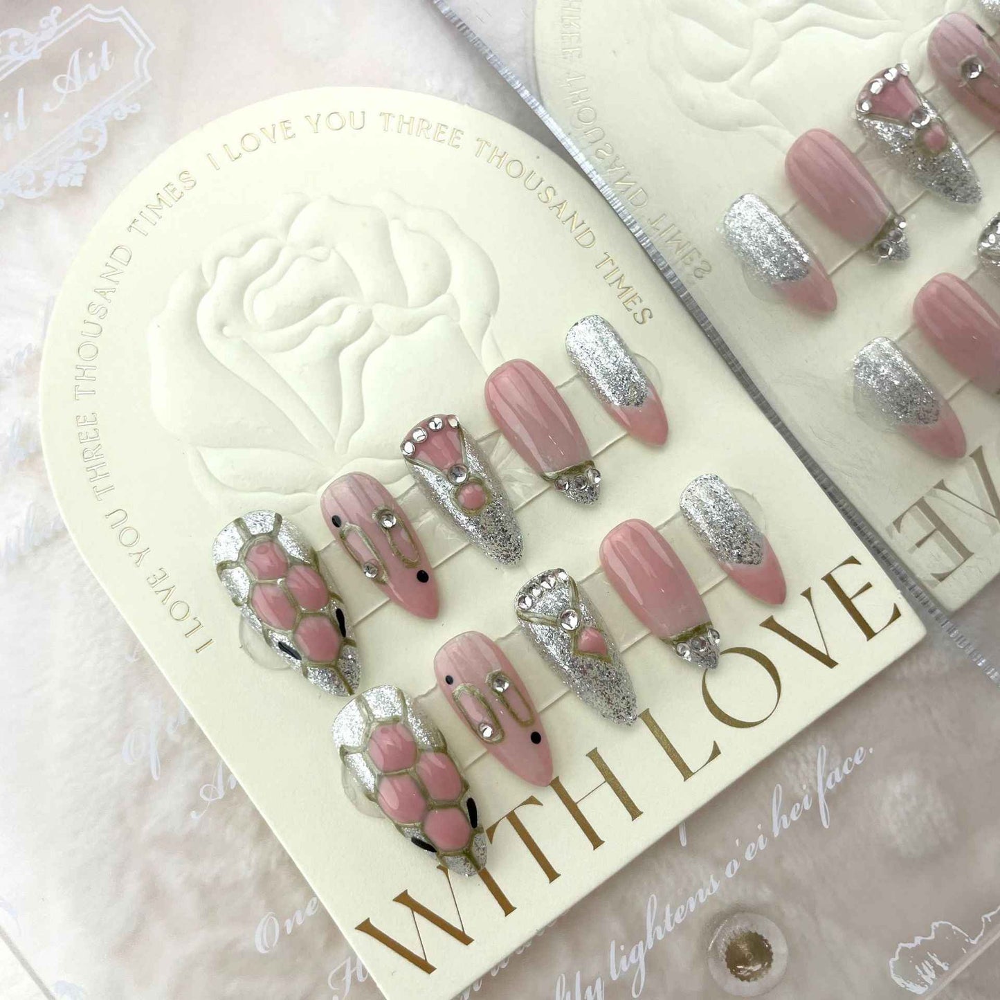 blossom bling - cool medium almond pink handmade press on nails
