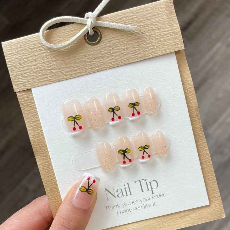 cherry blossom twinkle - cute medium square nude handmade press on nails