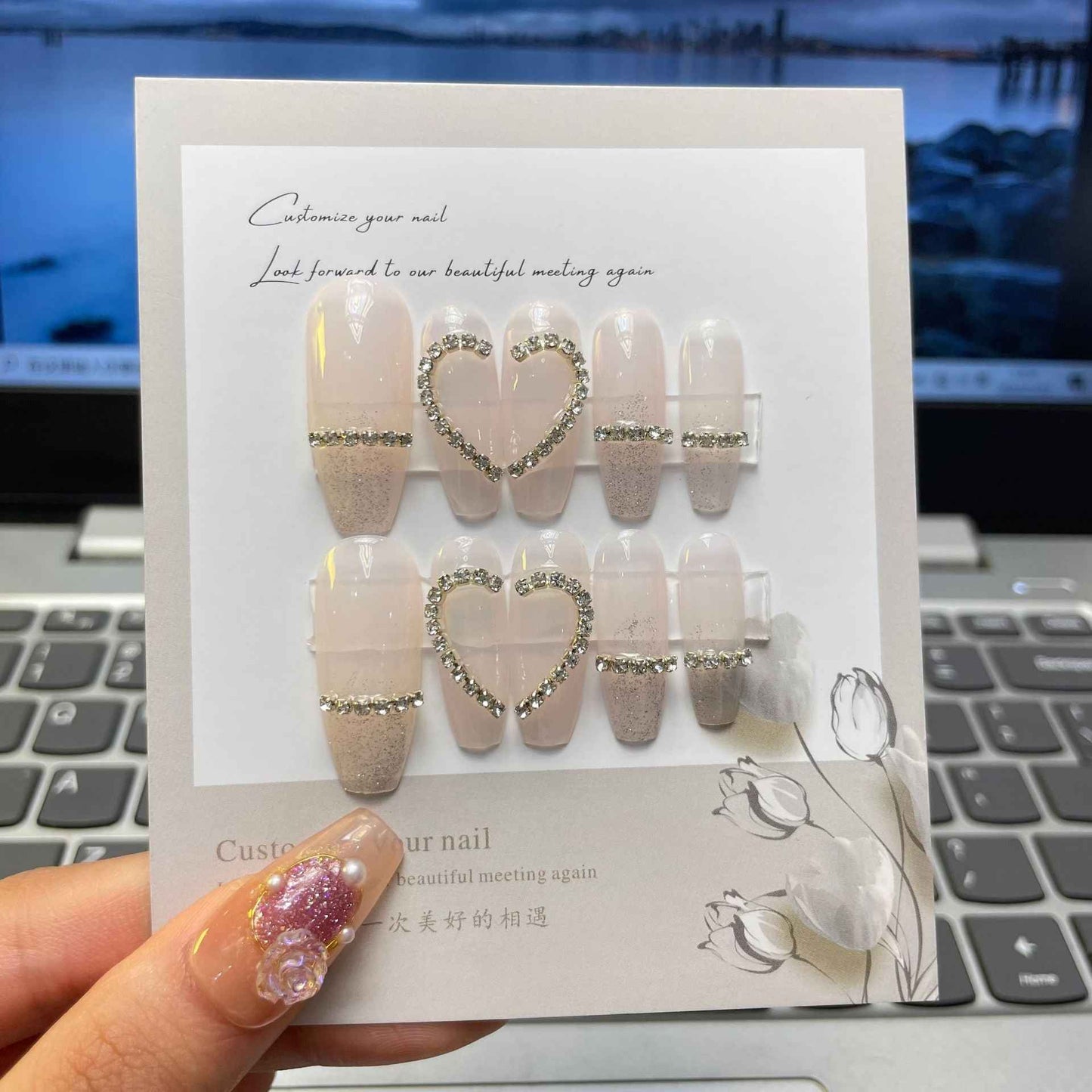 champagne shimmer - elegant long coffin nude handmade press on nails