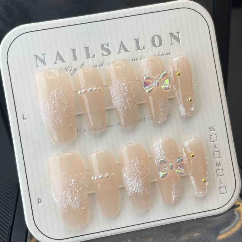 glittering nude charms - elegant long coffin nude handmade press on nails