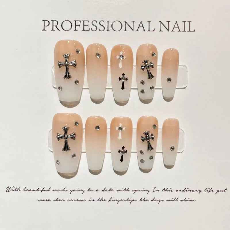 ethereal cross - cool long coffin orange handmade press on nails
