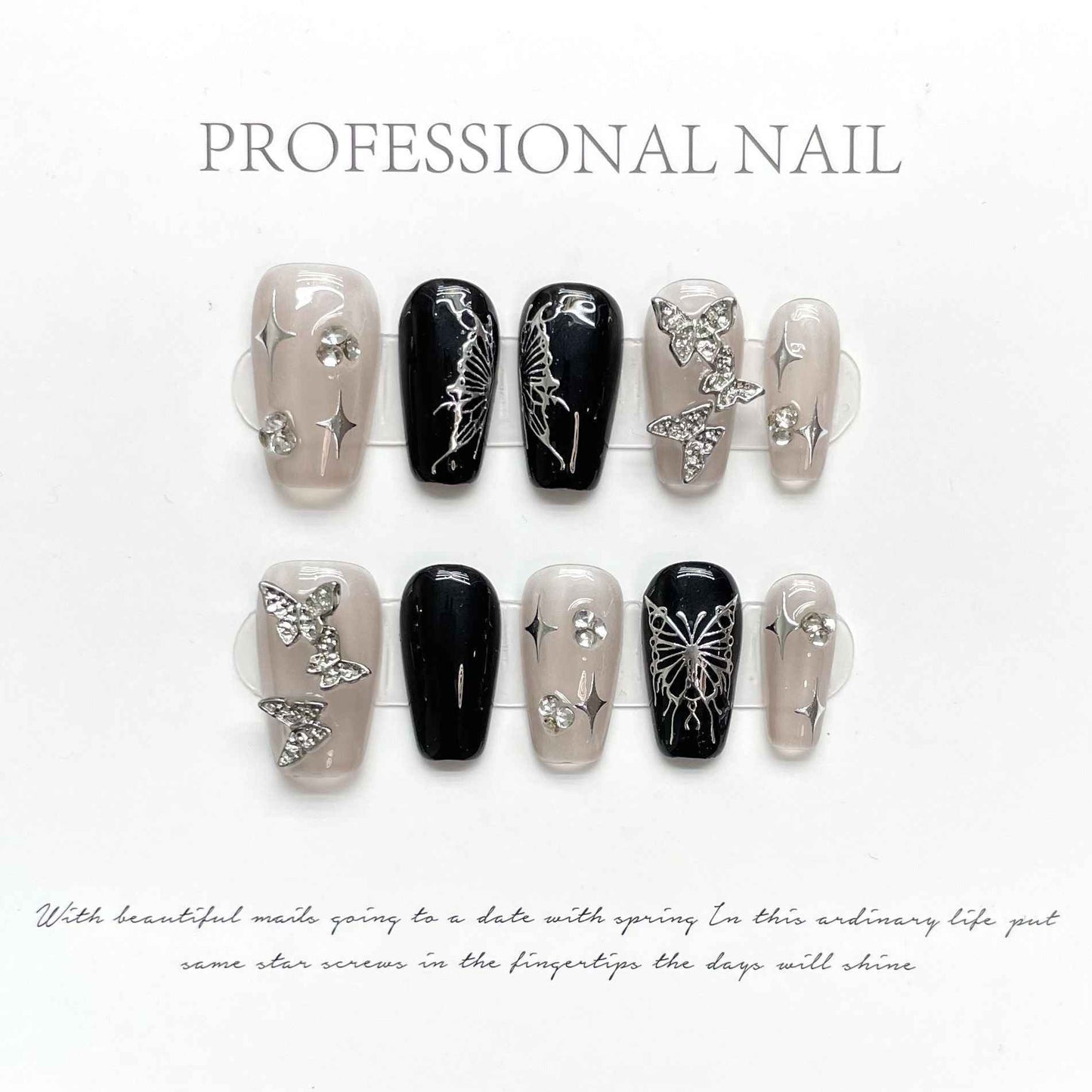 midnight flutter - elegant short coffin black handmade press on nails