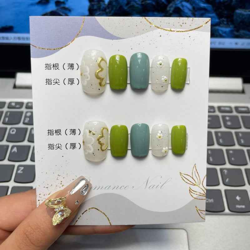zen blossoms - elegant medium square green handmade press on nails