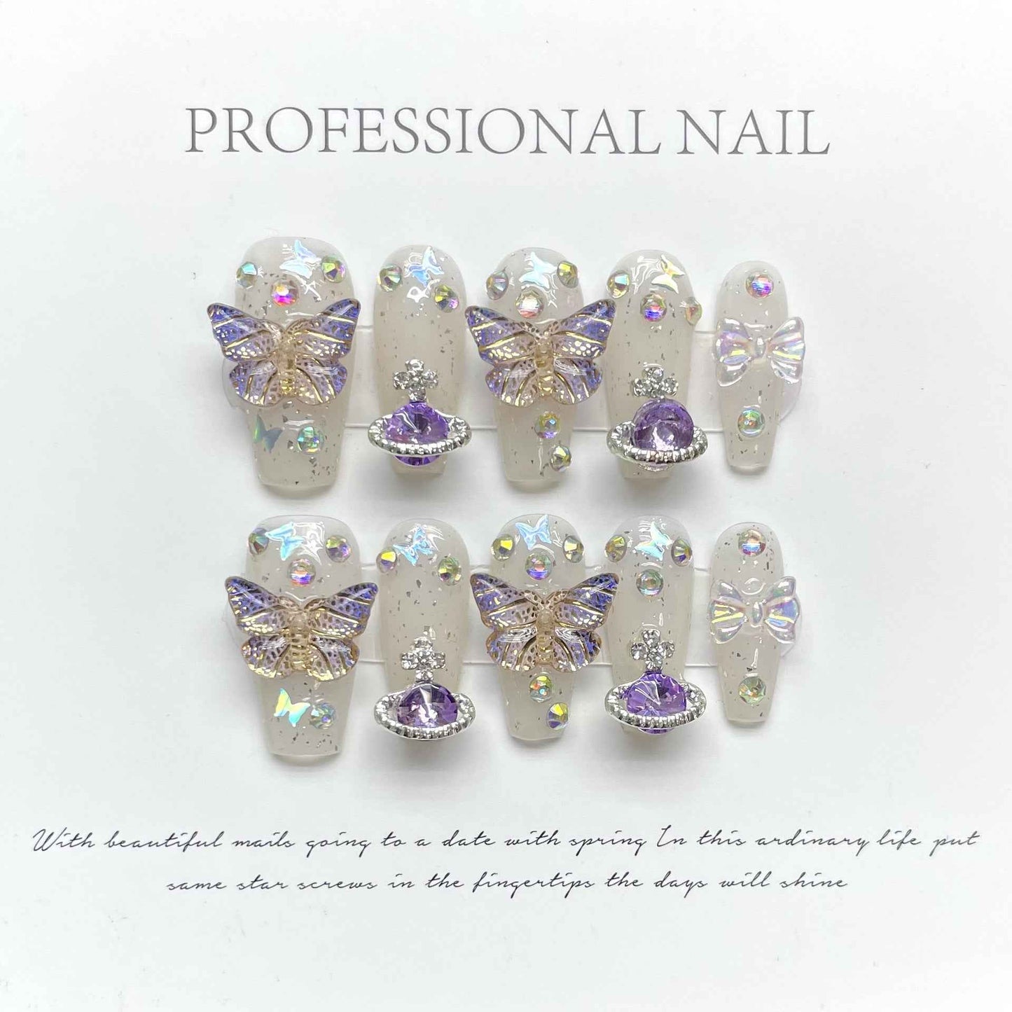 butterfly gala - elegant long coffin white handmade press on nails