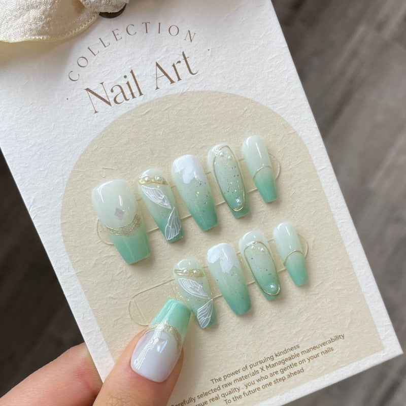 aquatic grace notes - elegant long coffin green handmade press on nails