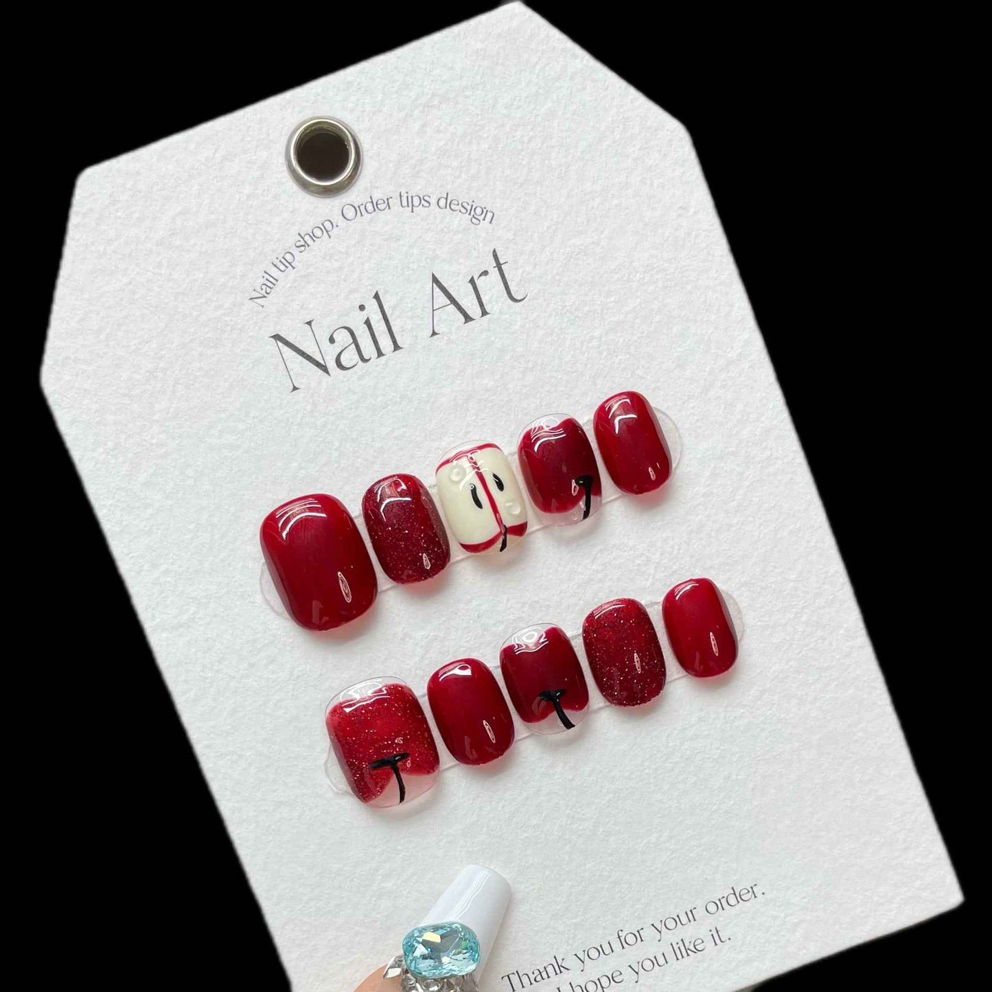 crisp apple glitz - elegant short oval red handmade press on nails