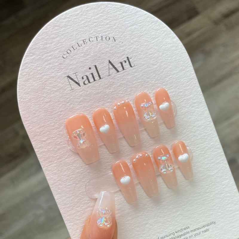 peachy heart fizz - elegant long coffin orange handmade press on nails