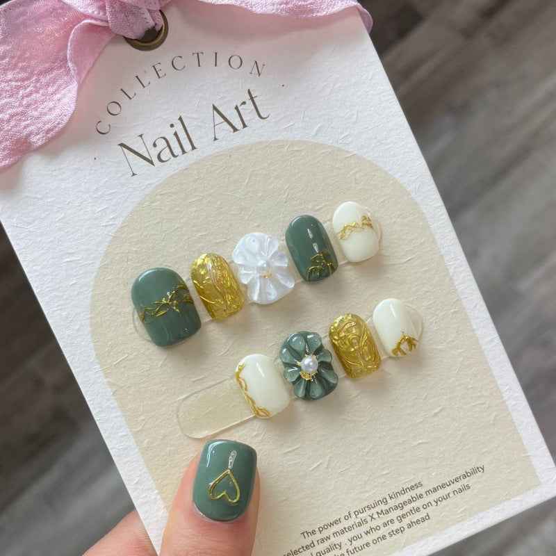 jade bloom enchantment - elegant short oval green handmade press on nails