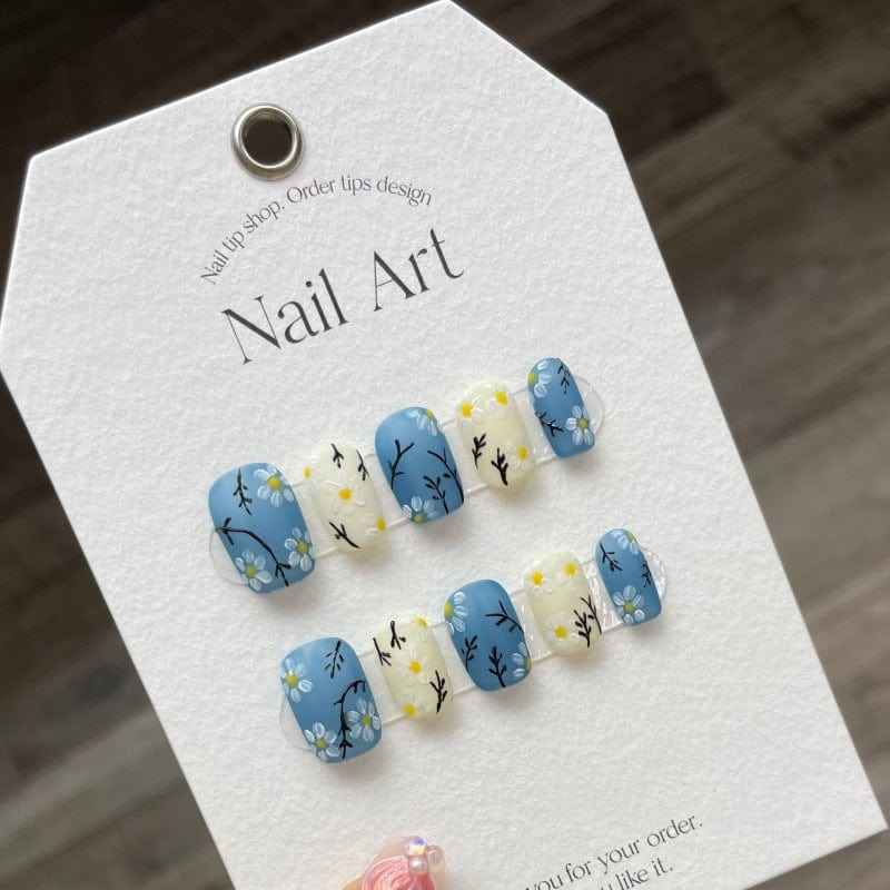 daisy field dreams - sweet medium square blue handmade press on nails