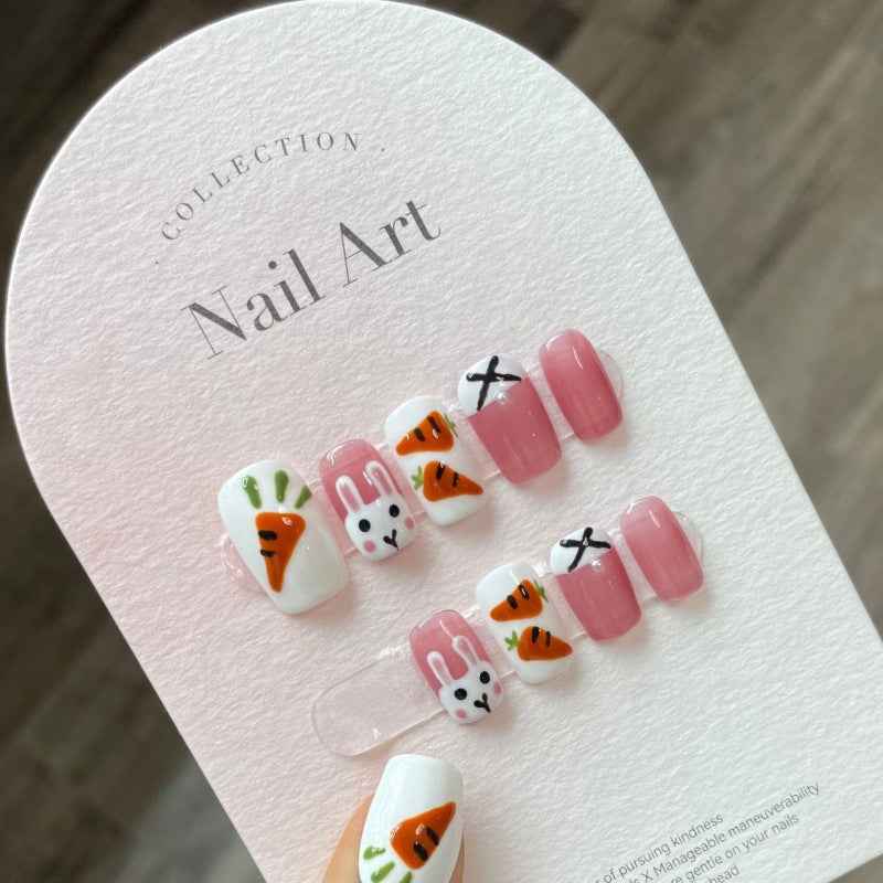 carrot crunch - cute medium square pink handmade press on nails