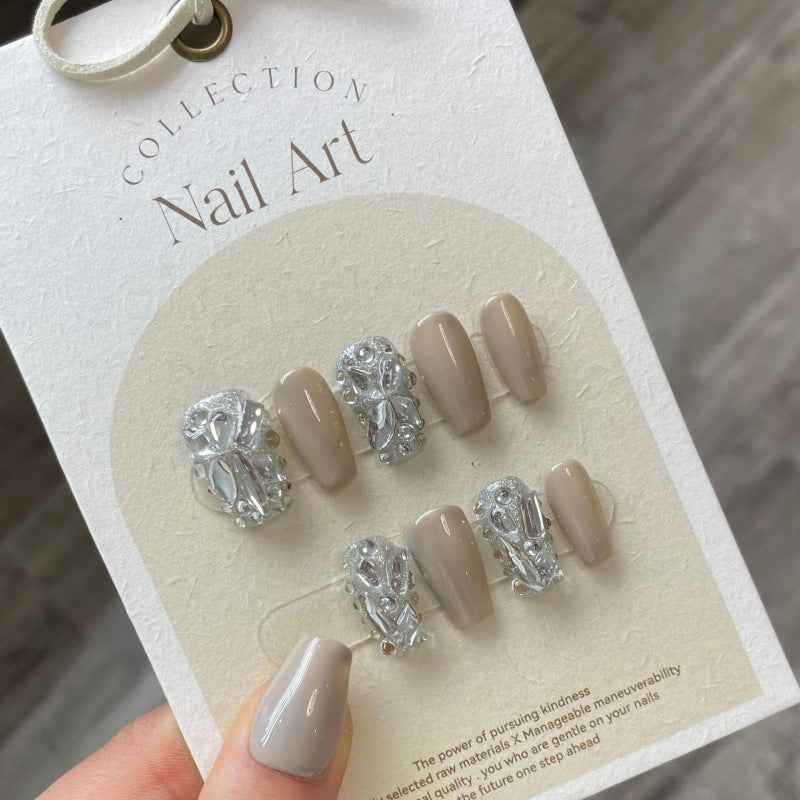 crystal elegance affair - elegant short coffin brown handmade press on nails