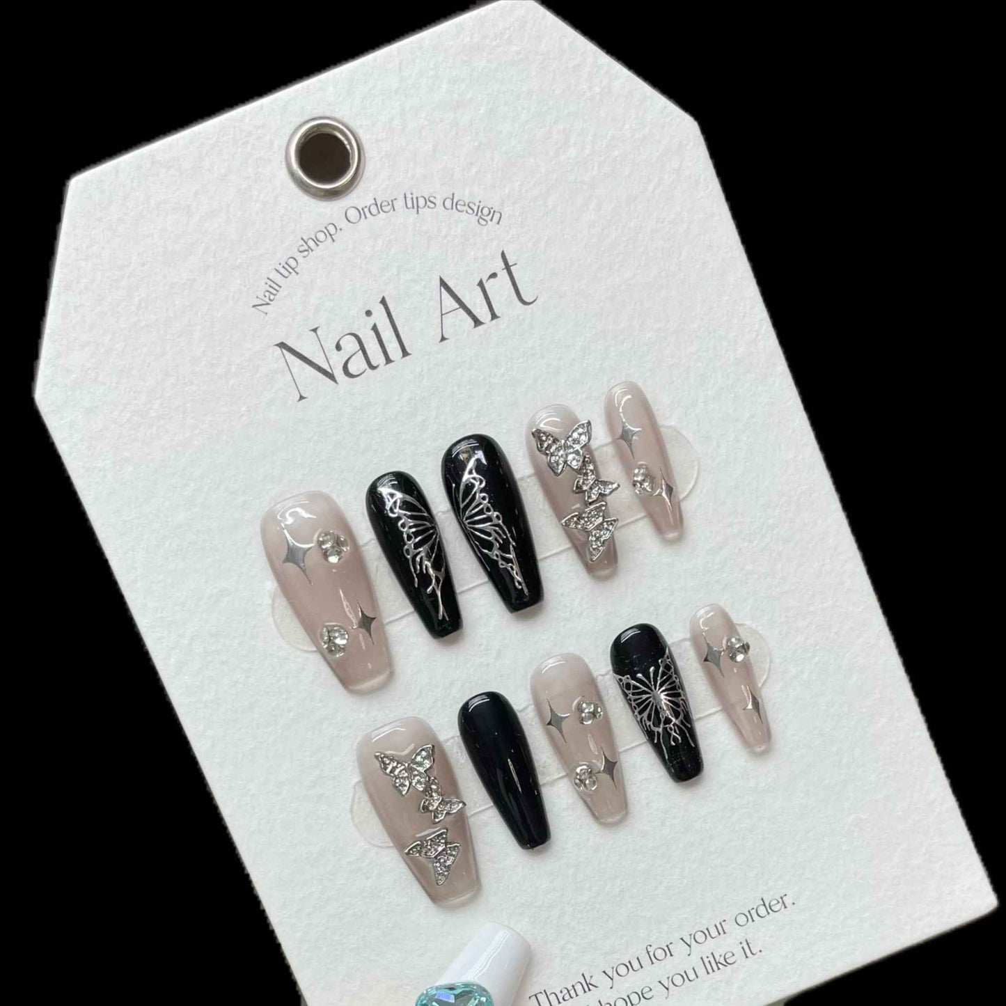 noir butterfly effect - elegant long coffin black handmade press on nails