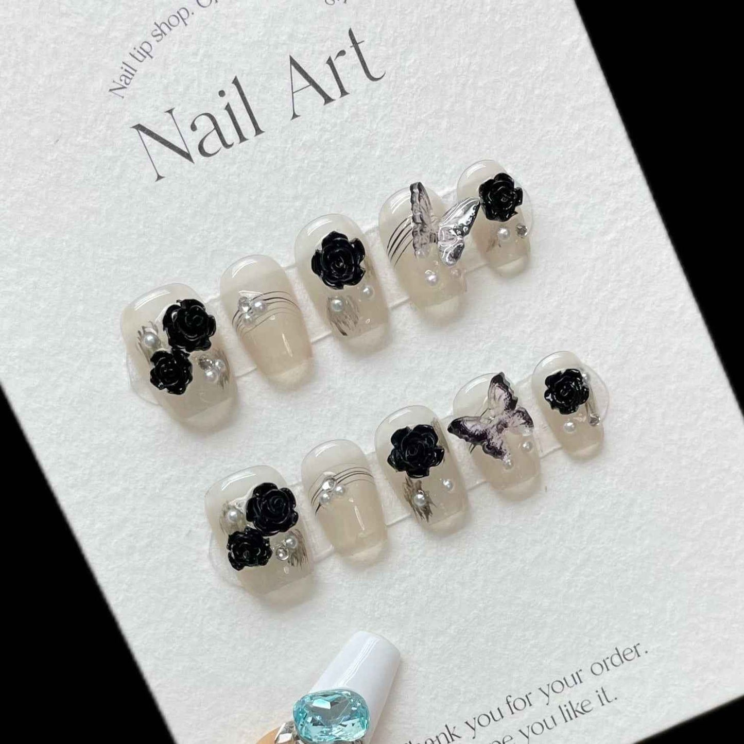 midnight rose - elegant ultra short coffin black handmade press on nails