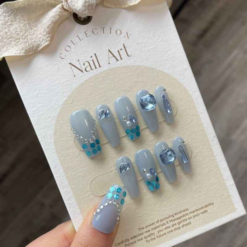 sapphire dreams - elegant long coffin blue handmade press on nails