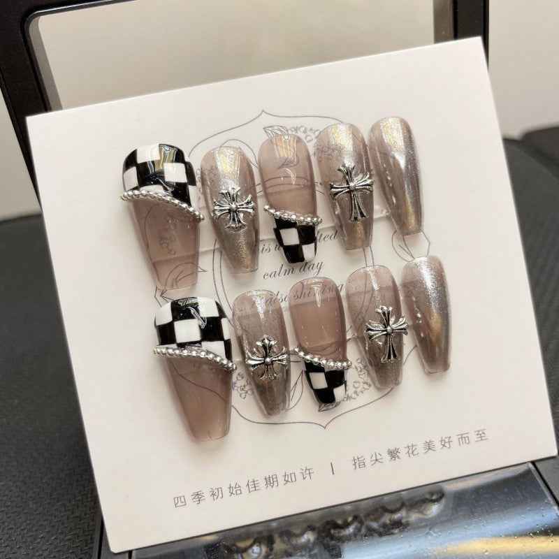 chessboard night fantasy - cool long coffin black handmade press on nails