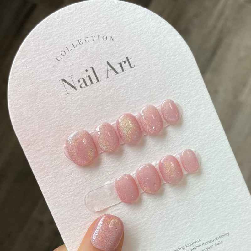 pink aurora - elegant short oval pink handmade press on nails