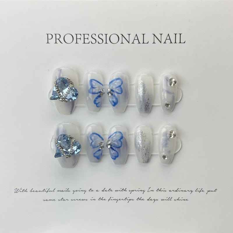 sapphire butterfly whimsy - elegant short coffin white handmade press on nails