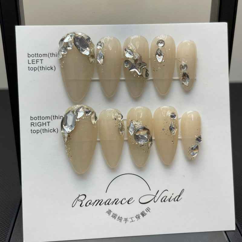 nude crystal opulence - elegant medium almond brown handmade press on nails