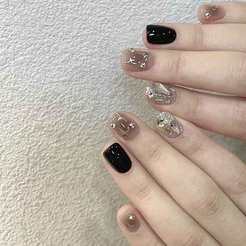 gothic garden glitter - cool short oval black handmade press on nails