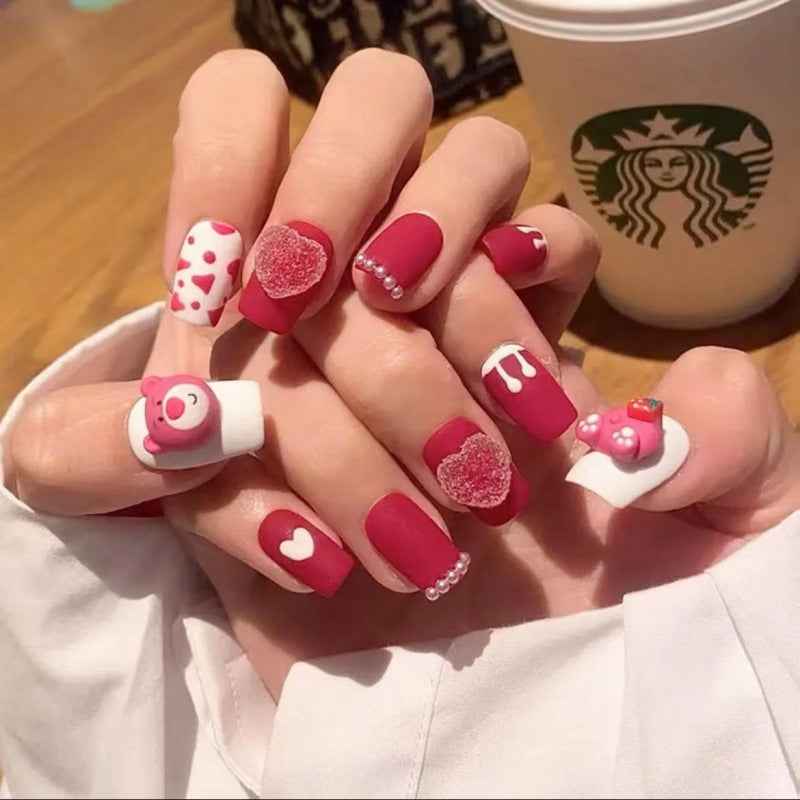 sweetheart swirls - cute medium square pink handmade press on nails