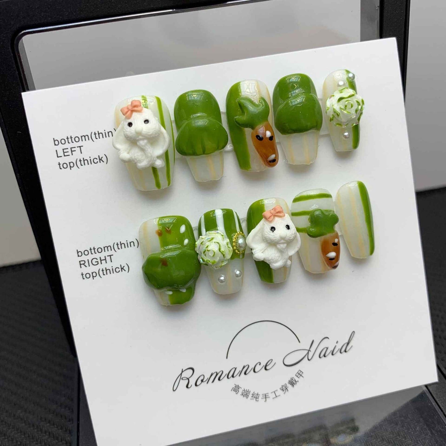 woodland whimsy - cute short coffin green handmade press on nails