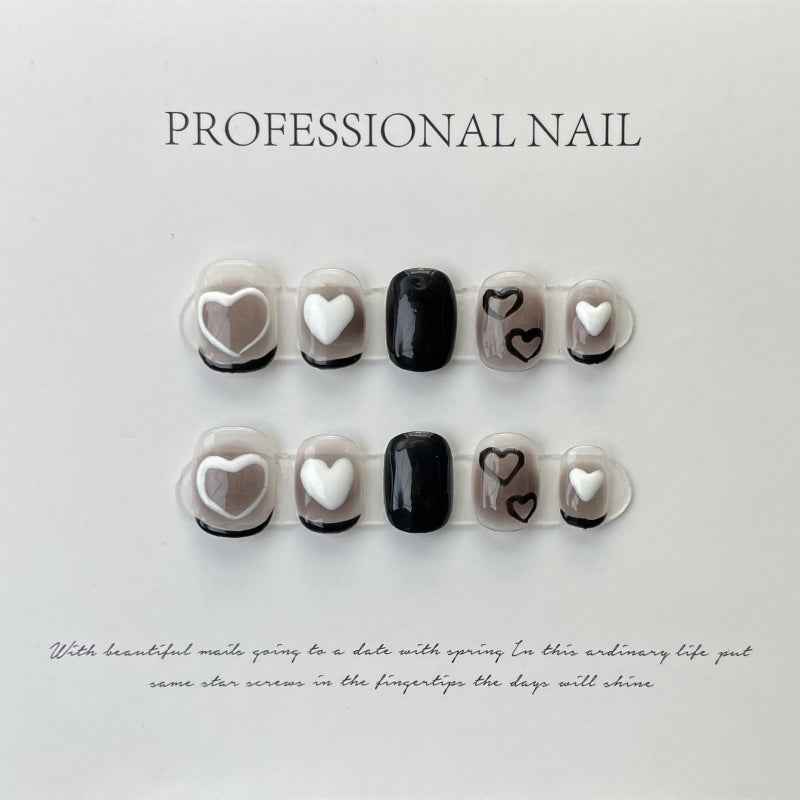 cappuccino hearts - elegant short oval black handmade press on nails