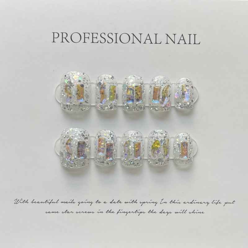 iridescent ice - elegant short oval silver handmade press on nails