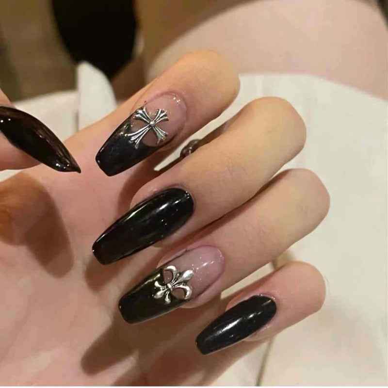 nocturnal elegance - cool long coffin black handmade press on nails