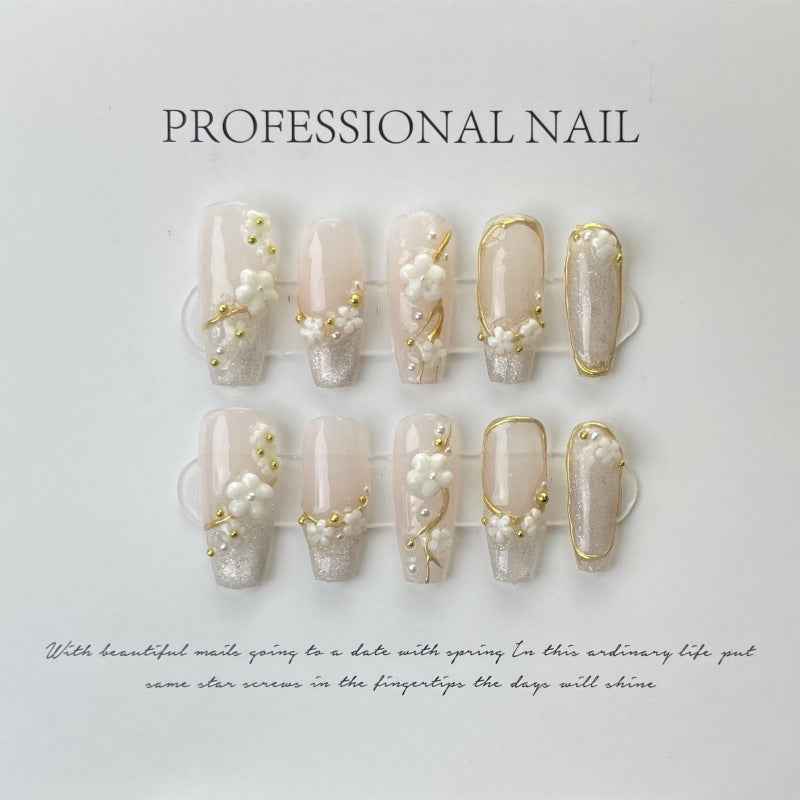 pearl garden - elegant long coffin nude handmade press on nails