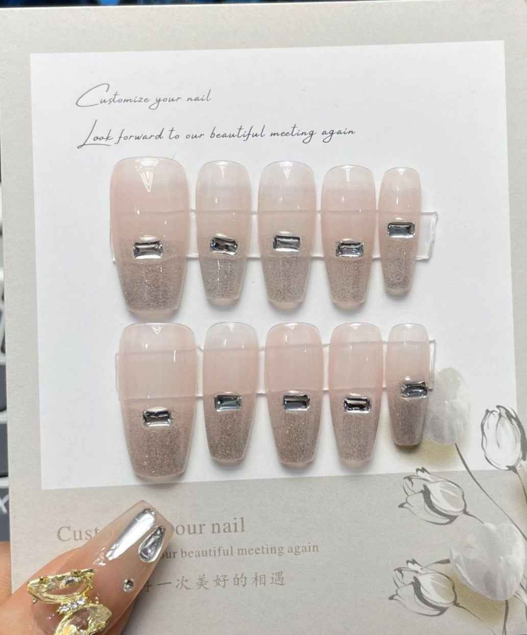 glacial sheen - elegant long coffin nude handmade press on nails