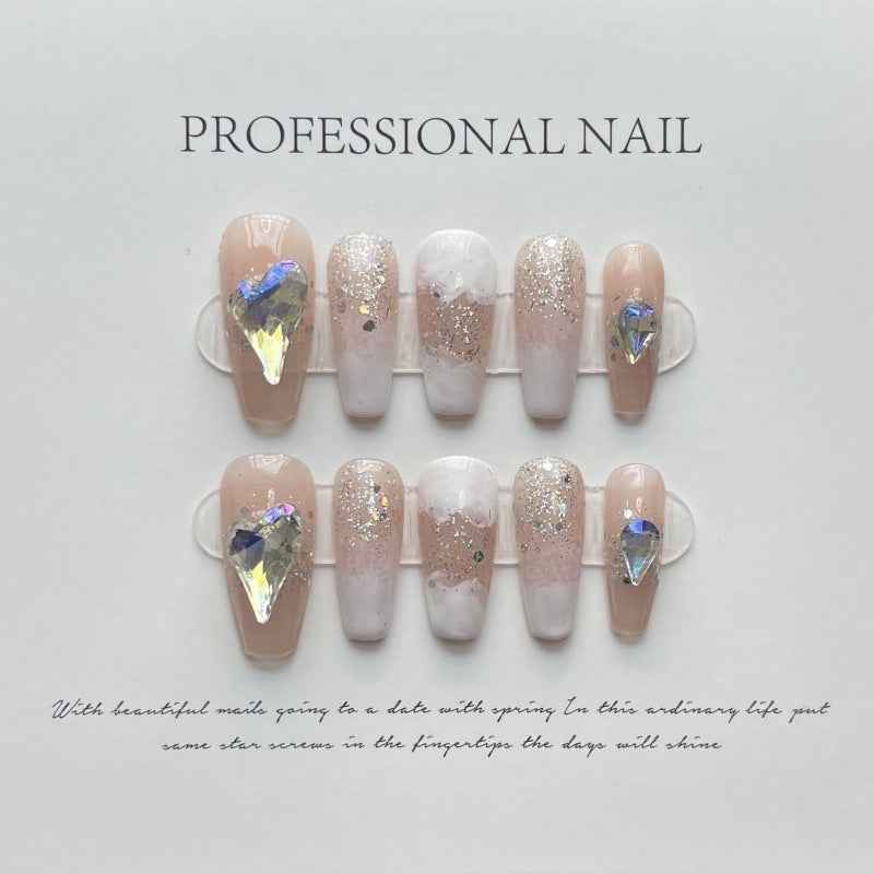 gemstone glow - elegant long coffin pink handmade press on nails