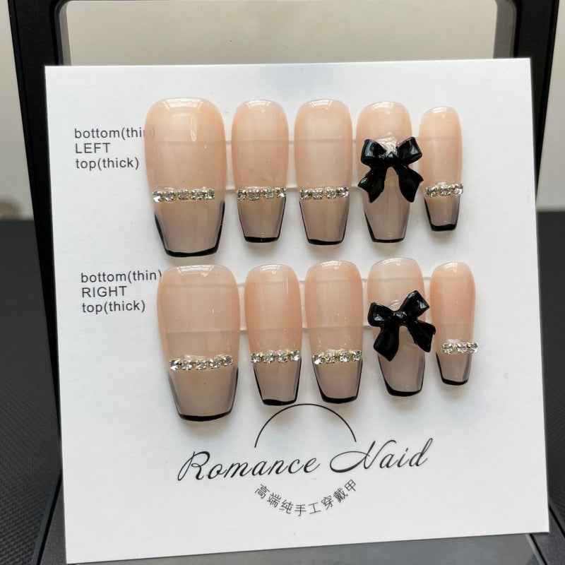 chic bow charms - elegant long coffin nude handmade press on nails