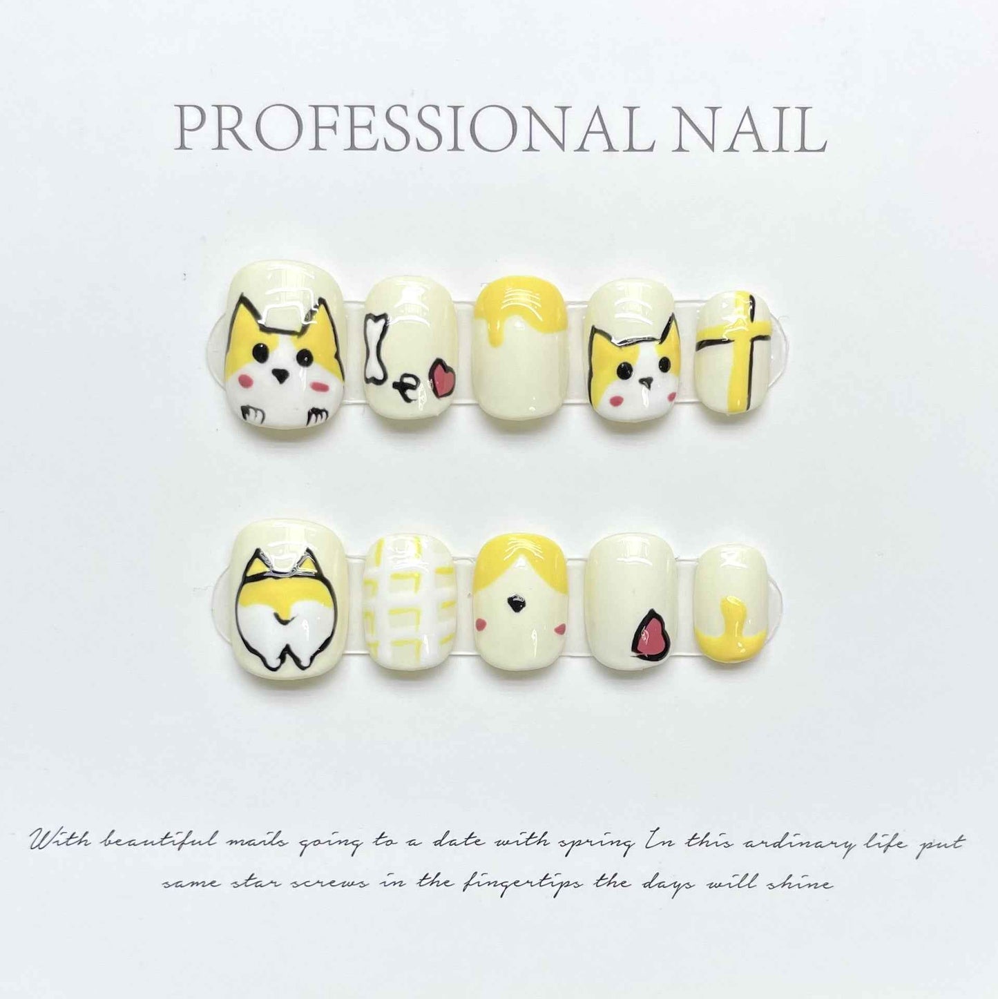 puppy playdate - cute short oval orange handmade press on nails