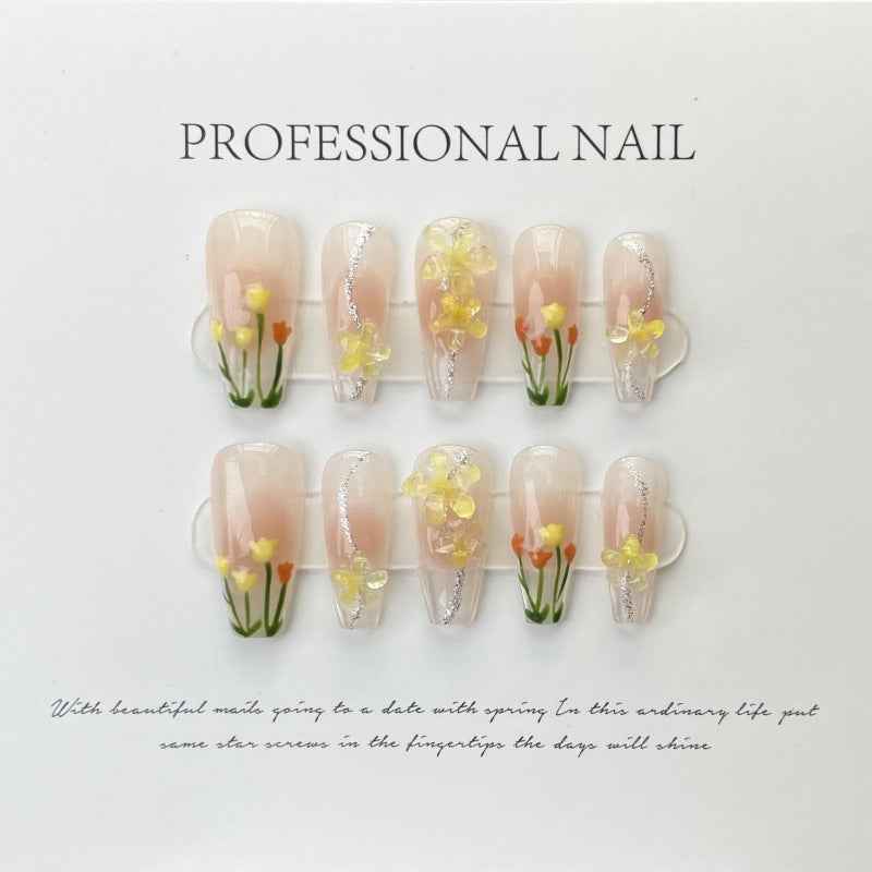 daffodil dream - sweet long coffin nude handmade press on nails