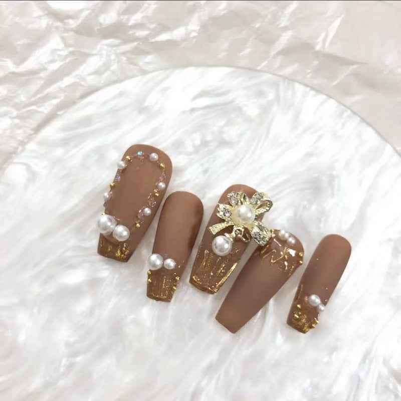 golden pearl elegance - elegant long coffin brown handmade press on nails