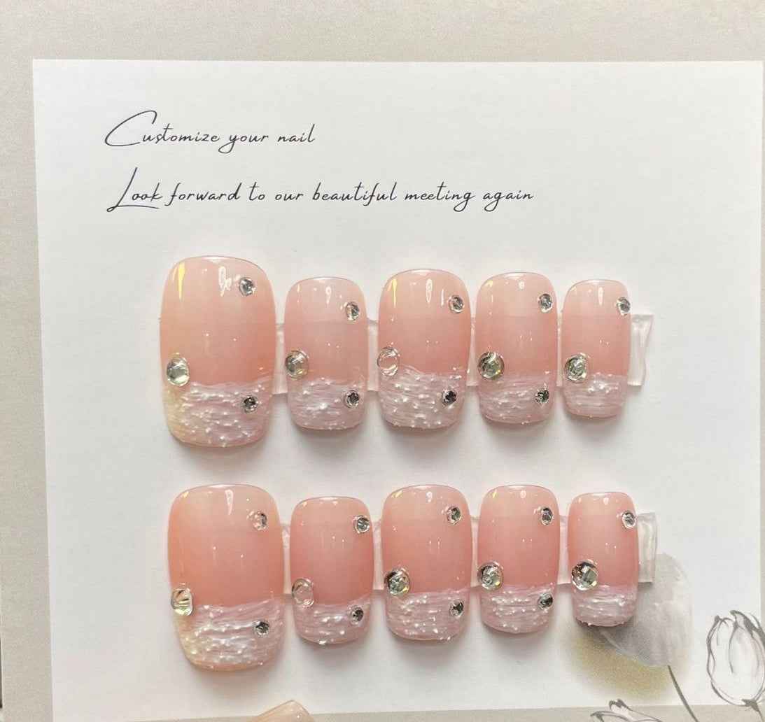 pearly pink - sweet medium square pink handmade press on nails