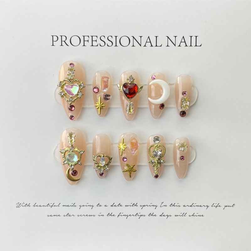 celestial sparkle - elegant medium almond nude handmade press on nails