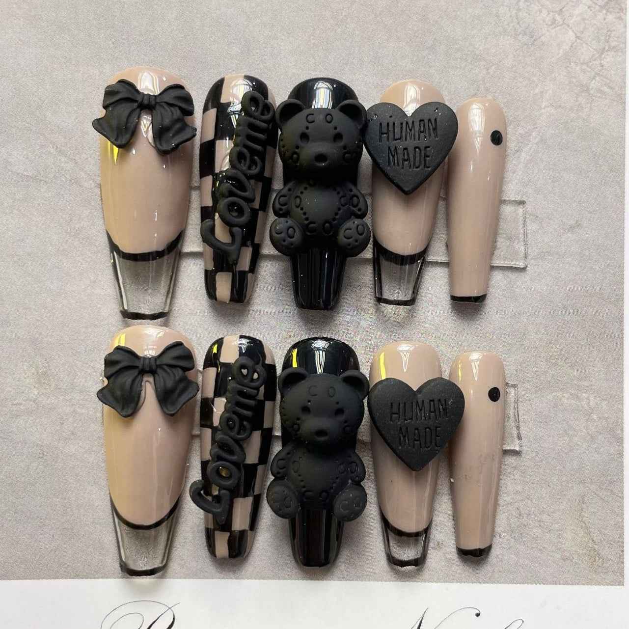 teddy noir - cool extra long coffin nude handmade press on nails