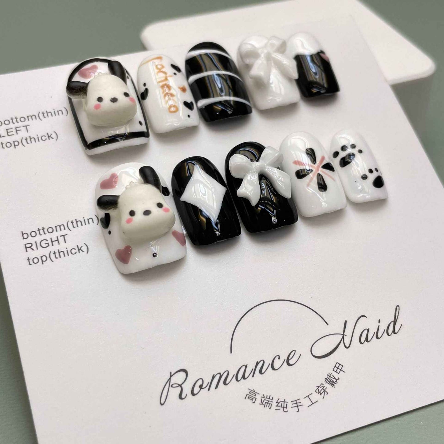 paw print charms - cute medium square black handmade press on nails