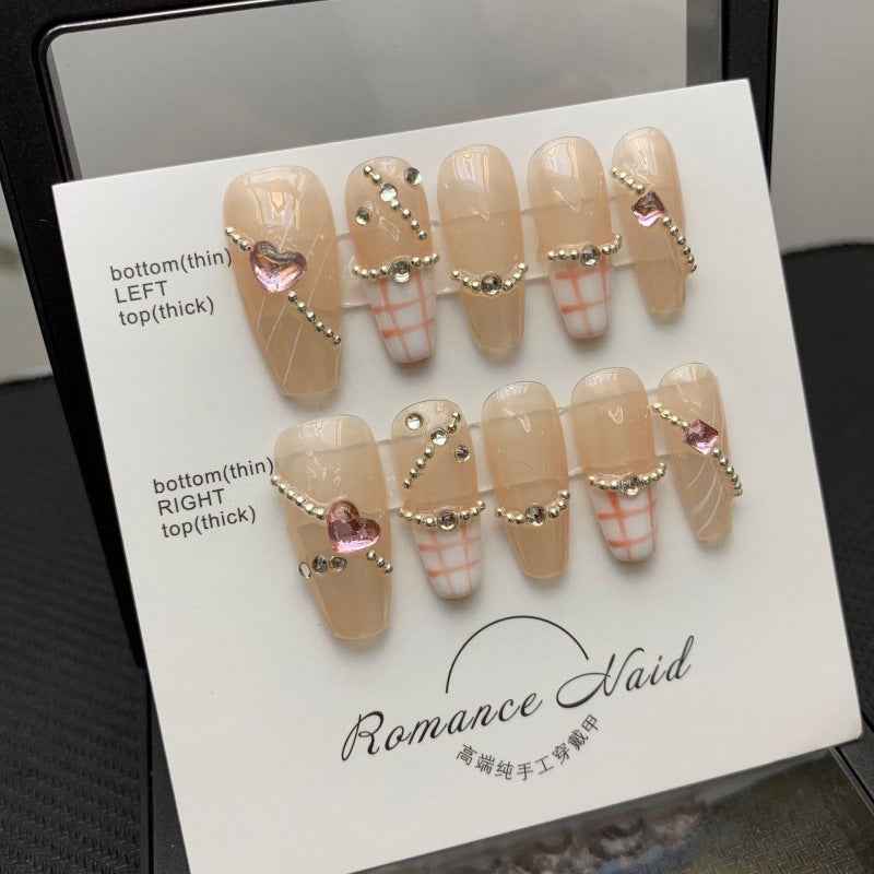 - sweetheart grid - elegant long coffin nude handmade press on nails