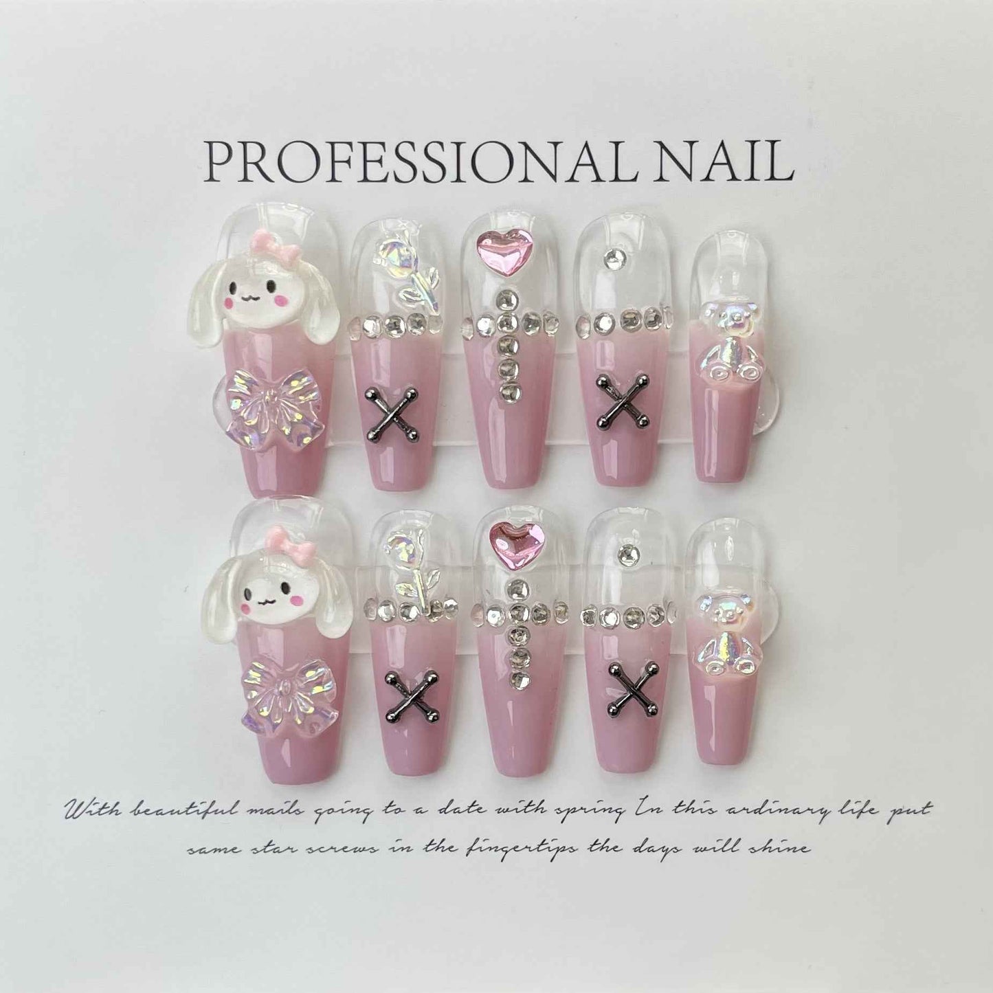 bunny whimsy - cute extra long coffin pink handmade press on nails