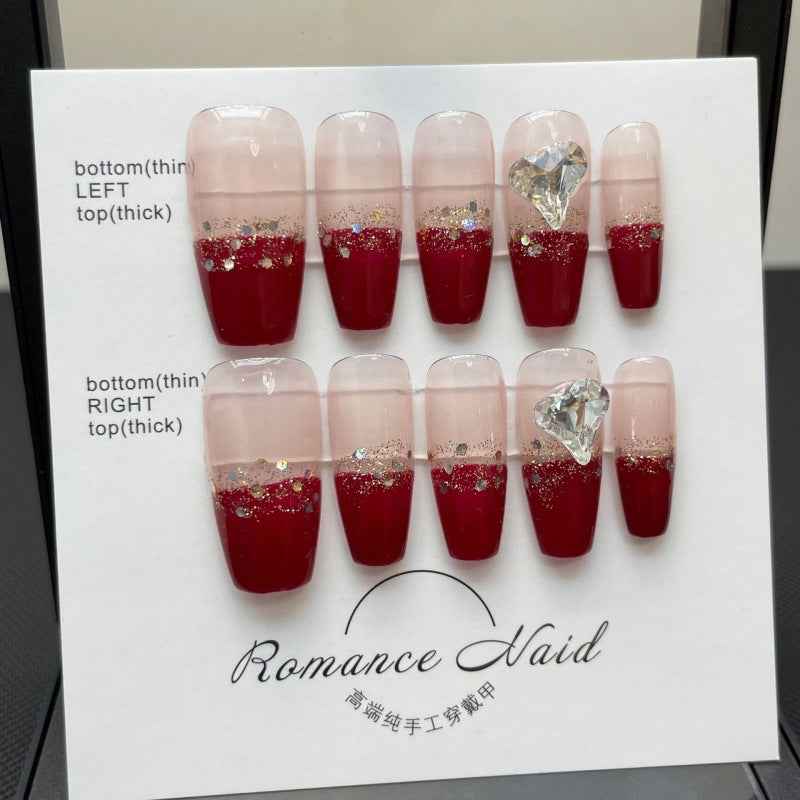 burgundy spark elegance - elegant long coffin red handmade press on nails