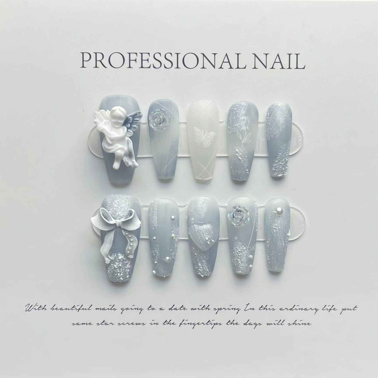 angelic frost - elegant long coffin blue handmade press on nails