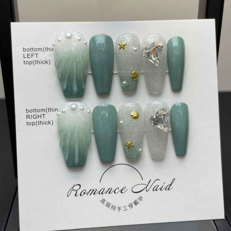 misty mountain serenade - elegant long coffin green handmade press on nails
