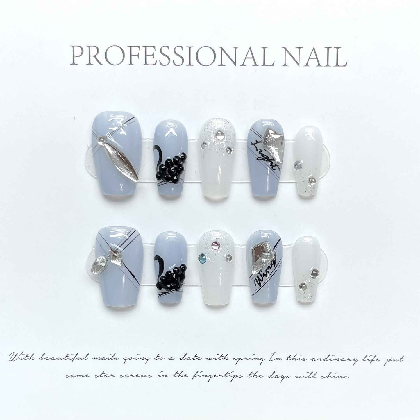 crystal feather - elegant short coffin white handmade press on nails