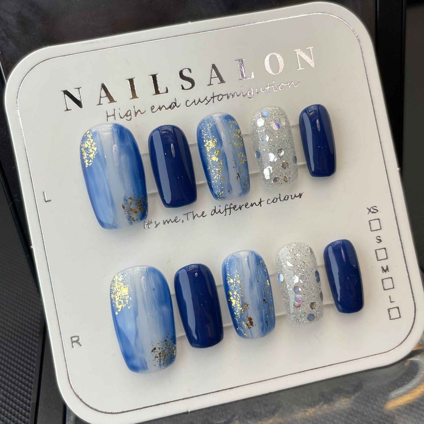 oceanic glam - elegant medium square blue handmade press on nails