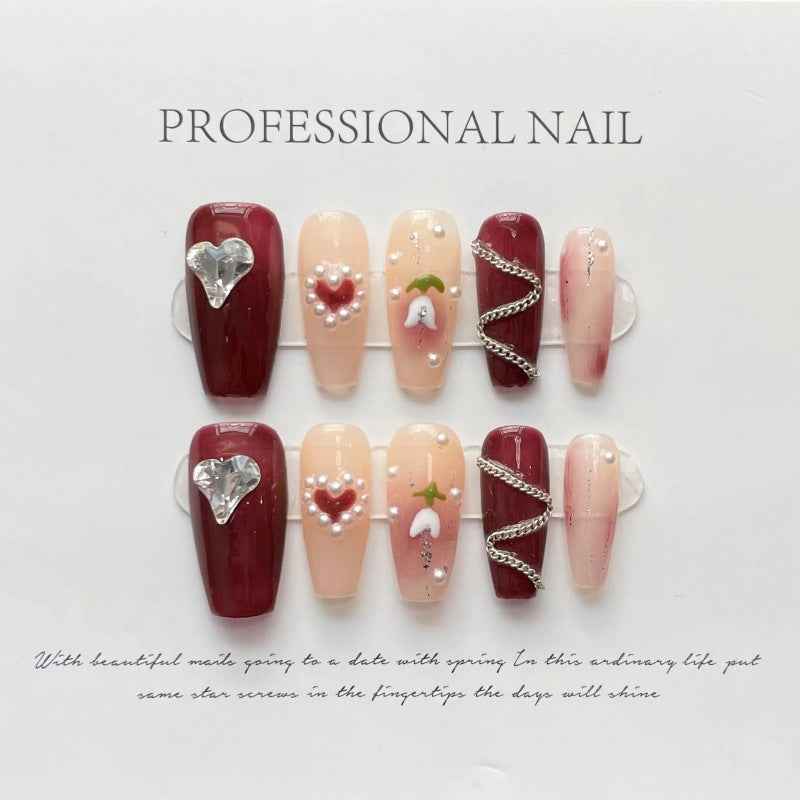 velvet romance - elegant long coffin red handmade press on nails