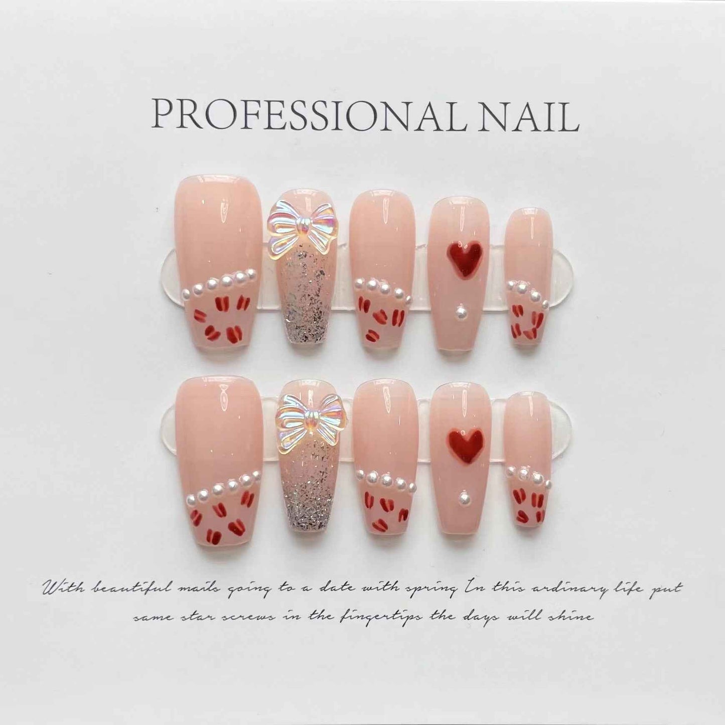 lovestruck pearls - sweet long coffin pink handmade press on nails