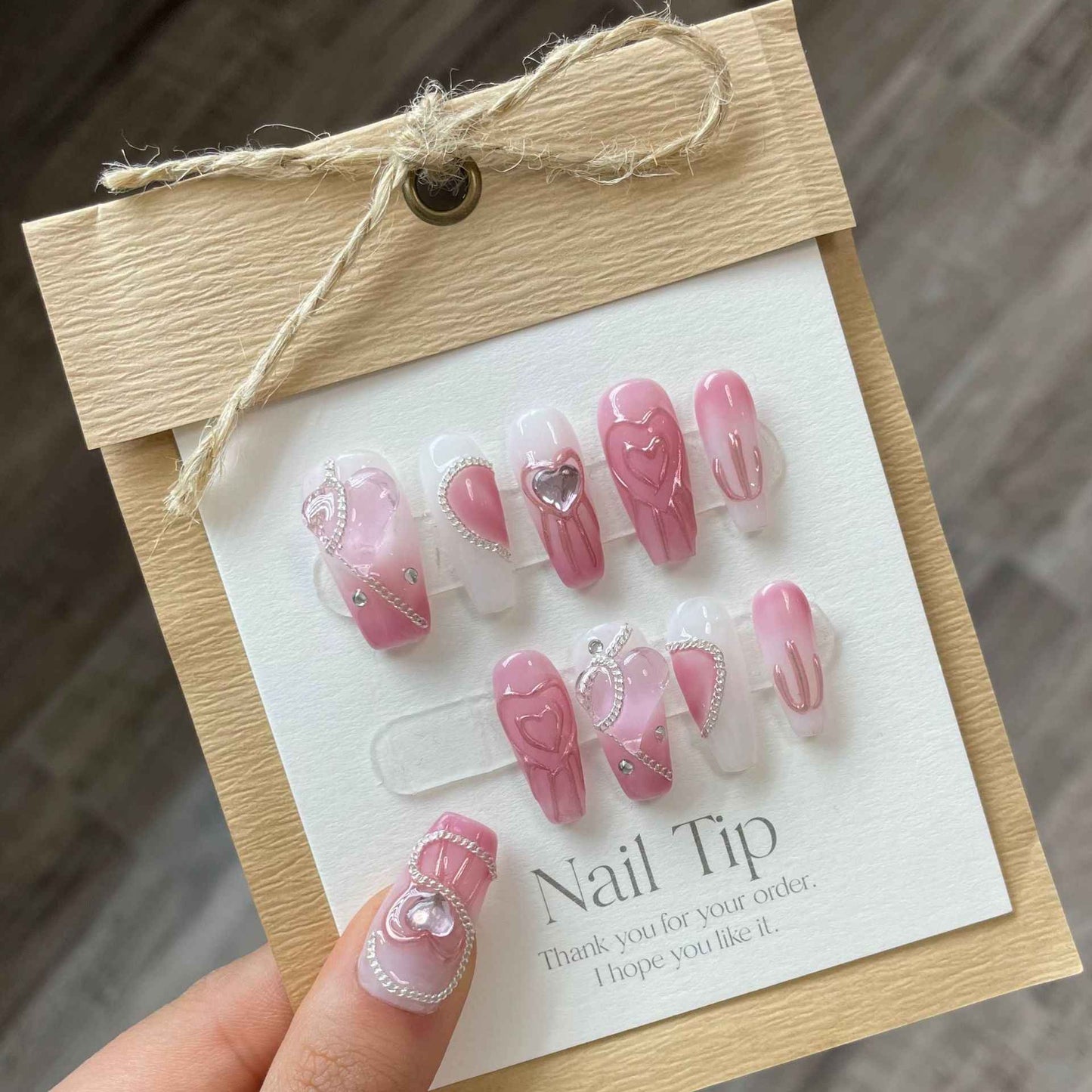 sweetheart swirl - sweet long coffin pink handmade press on nails