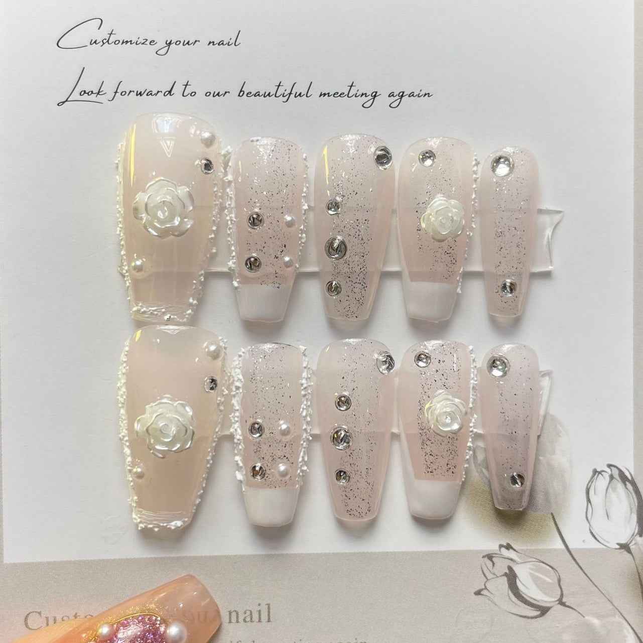 eternal blossom - elegant long coffin nude handmade press on nails